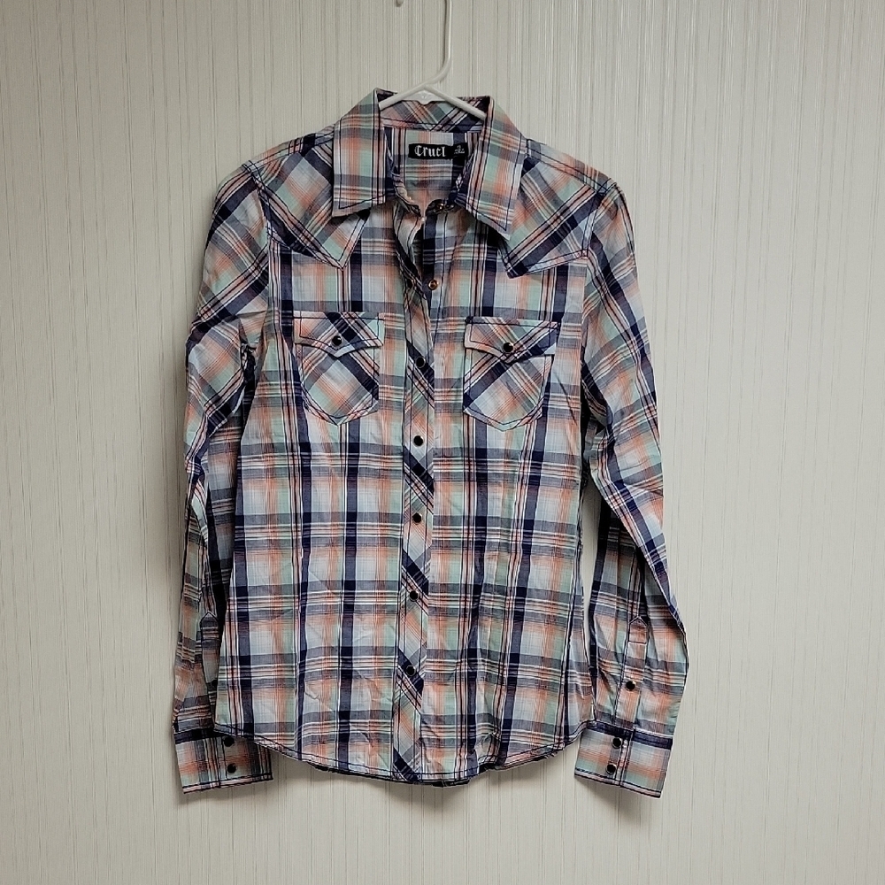Cruel Plaid Long Sleeve Pearl Snap Shirt, blue green Womens Sz Small.100% Cotton